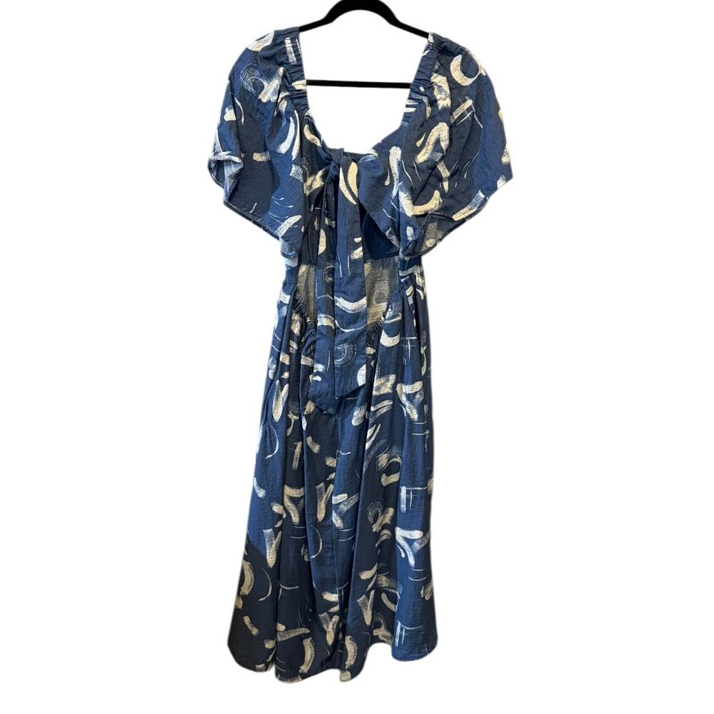 A New Day Blue Abstract Midi Dress | Size L | Open Back Tie - Picture 4 of 14